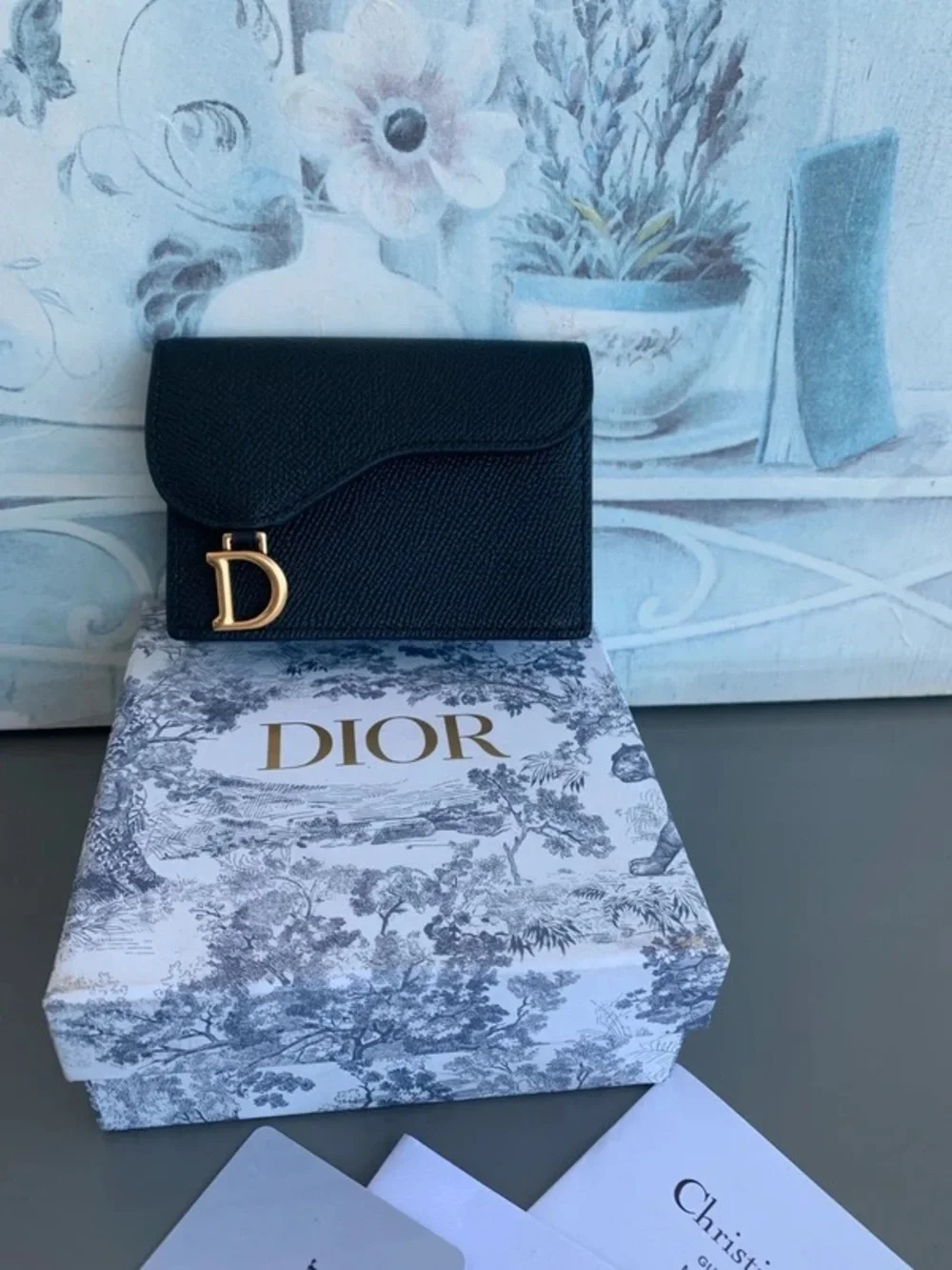 Dior Black Leather Compact Flap Wallet with Gold 'D' Charm